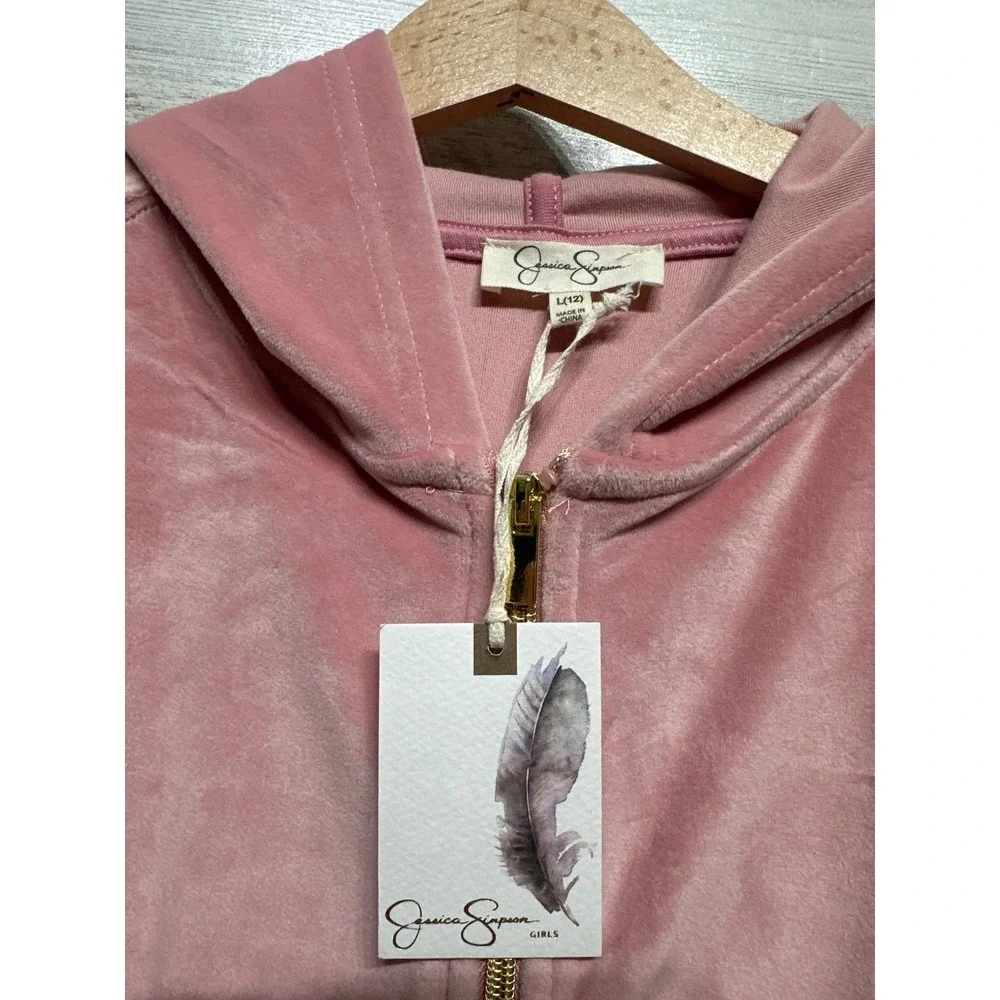 Jessica Simpson Tracksuit Set Girls 12 Blush Pink Velour Zip Hoodie Flare NWT